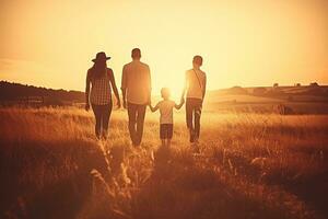 Mother, father, children son and daughter on nature at sunset. Generative AI photo