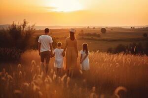 Happy young family mother, father, children son and daughter on nature at sunset. Generative AI photo