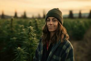 Prominent and successful female cannabis farmers, posing for the camera in fields of their prized strains. Portraits highlighting the skill, experience and personality behind the crops. Generative AI photo