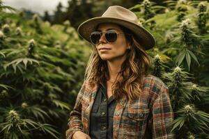 Prominent and successful female cannabis farmers, posing for the camera in fields of their prized strains. Portraits highlighting the skill, experience and personality behind the crops. Generative AI photo