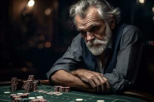 Deprimido mayor hombre en elegante vestir propensión cabeza a póker mesa con triste cara cuando perder todas dinero. generativo ai foto