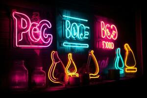 Isolated neon signs for things like 'Boba', 'Tacos', and 'Brunch'. Neon colors are hugely popular with Gen Z, as are trends for certain types of food. Generative AI photo