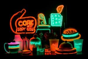 Isolated neon signs for things like 'Boba', 'Tacos', and 'Brunch'. Neon colors are hugely popular with Gen Z, as are trends for certain types of food. Generative AI photo