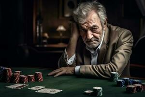 Depressed senior man in elegant dress leaning head at poker table with sad face when lose all money. Generative AI photo
