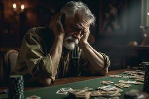 Depressed senior man in elegant dress leaning head at poker table with sad face when lose all money. Generative AI photo