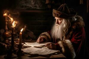 Jolly St. Nick reviewing his disobedient and Nice list by the firelight of the North Pole workshop, red and white quill pen in hand, dusty copies of child-written letters strewn about. Generative AI photo