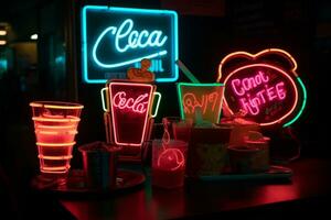 Isolated neon signs for things like 'Boba', 'Tacos', and 'Brunch'. Neon colors are hugely popular with Gen Z, as are trends for certain types of food. Generative AI photo