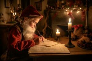 Jolly St. Nick reviewing his disobedient and Nice list by the firelight of the North Pole workshop, red and white quill pen in hand, dusty copies of child-written letters strewn about. Generative AI photo