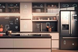 Kitchen with smart appliances with display screen and voice-controlled settings, concept of smart home and advanced artificial intelligence. Generative AI photo