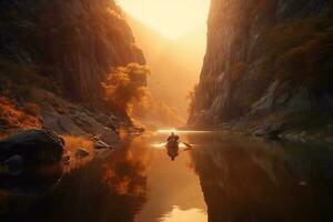 Kayaking in the valley between canyons at the sunset. Generative AI photo