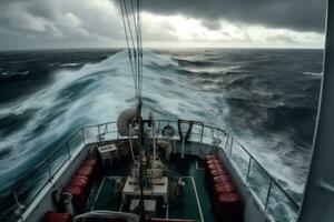 Ship during strong Hurricane , A lot of splashes. View from bridge. Sea water clinging to the deck as cameras strain for a glimpse of the abyss below. High waves hit ship. Generative Ai photo