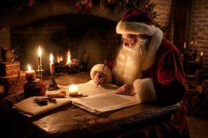 Jolly St. Nick reviewing his disobedient and Nice list by the firelight of the North Pole workshop, red and white quill pen in hand, dusty copies of child-written letters strewn about. Generative AI photo
