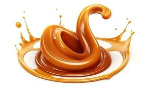 Liquid sweet melted caramel, delicious caramel sauce swirl splash on white background. Generative AI photo