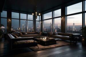 Living room with a view. A luxurious living room in a penthouse with floor-to-ceiling windows offering a stunning view of the city skyline at night. Generative Ai photo