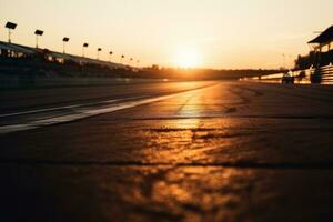 bajo ángulo ver crítica en carrera pista pista a puesta de sol. generativo ai. foto