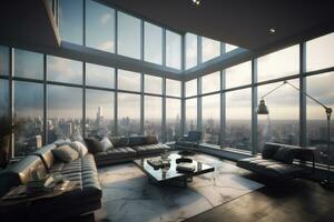 Living room with a view. Luxurious living room in a penthouse with floor-to-ceiling windows offering a stunning view of the city skyline. Generative AI. photo