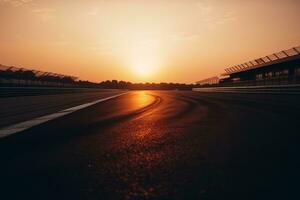 bajo ángulo ver crítica en carrera pista pista a puesta de sol. generativo ai. foto