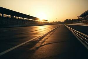 Low angle view chicane on race track track at sunset. Generative AI. photo