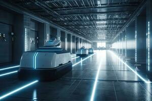 Machine learning and bot technology that boost speed up logistical tasks and activities. Autonomous robot services use for move boxes to warehouse. Concept future logistic activities. Generative AI. photo