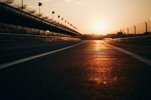Low angle view chicane on race track track at sunset. Generative AI. photo