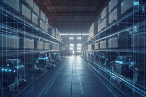 Machine learning and bot technology that boost speed up logistical tasks and activities. Autonomous robot services use for move boxes to warehouse. Concept future logistic activities. Generative AI. photo