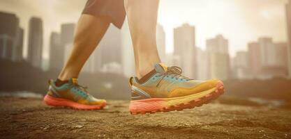 Man trail runner walking in the city with close up of trail running shoes. Generative AI. photo