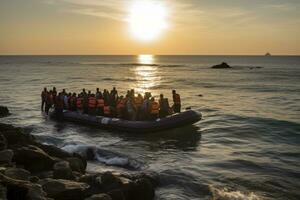 Young North Africans who flee into the sea with their boat during illegal immigration. Generative AI photo