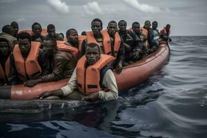 Young North Africans who flee into the sea with their boat during illegal immigration. Generative AI photo