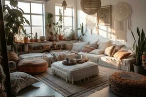 Minimal, monochromatic spaces with boxy, bohemian style furniture and layers of textured blankets. The love of minimalism, textures and cozy spaces is prevalent among Gen Z. Generative AI photo