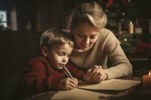 Mother and son writing a Christmas card. Generative AI photo