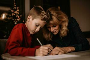 madre y hijo escritura un Navidad tarjeta. generativo ai foto