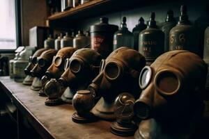 On a shelf , a collection of old, dusty gas masks. Relics of World War I or II, a reminder of how long the threat of poison gas has loomed and the extensive efforts made to counter it. . Generative AI photo