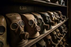 On a shelf , a collection of old, dusty gas masks. Relics of World War I or II, a reminder of how long the threat of poison gas has loomed and the extensive efforts made to counter it. . Generative AI photo