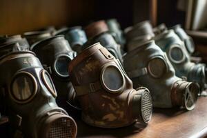 On a shelf , a collection of old, dusty gas masks. Relics of World War I or II, a reminder of how long the threat of poison gas has loomed and the extensive efforts made to counter it. . Generative AI photo