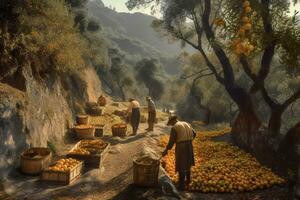 Orange and lemon picking along a mountainside road, workers filling crates with fruit fallen onto tarpaulins under trees heavy. The verdant groves are punctuated with rocky cliffs. Generative AI photo