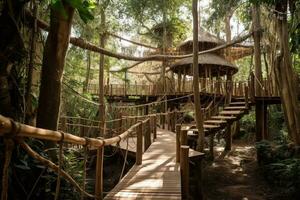 Panorama of wooden walking bridges crisscrossing between treehouses of different levels, connected by winding staircases. Where guests listening to the sounds of the surrounding forest. Generative AI photo