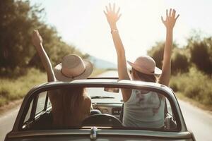 Two young woman joy and happy driving and traveling for summer holiday vacation. Outdoor leisure activity with convertivle car laughing and dancing like crazy. Summer travel concept Generative AI photo