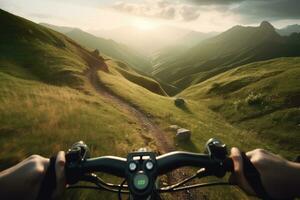 Personal perspective on the handlebars as you pedal towards the top of a hill. Generative AI photo
