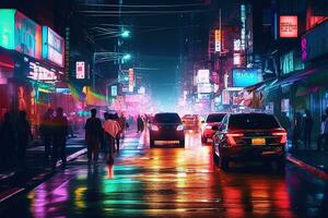 Showcases a busy city street illuminated by fluorescent lights. The scene is lively and energetic, with people walking and cars driving by. Creating a futuristic and dynamic vibe. Generative AI photo