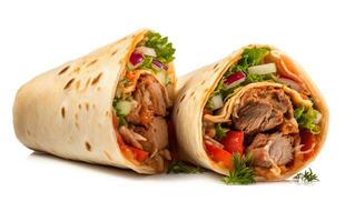 Doner kebab rolls , a shawarma in a pit of fresh vegetables and meat. Concept menus and advertisement. Generative AI photo
