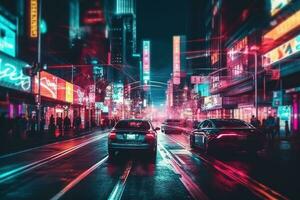 vitrinas un ocupado ciudad calle iluminado por fluorescente luces. el escena es animado y energético, con personas caminando y carros conducción por. creando un futurista y dinámica onda. generativo ai foto