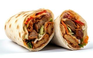 Doner kebab rolls , a shawarma in a pit of fresh vegetables and meat. Concept menus and advertisement. Generative AI photo