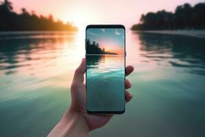 Picture of mans hand holding smartphone with beautiful picture on screen. Tropical beach with palms white sand and turquose water. Generative AI photo