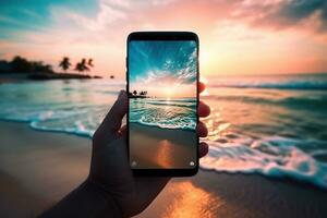 Picture of mans hand holding smartphone with beautiful picture on screen. Tropical beach with palms white sand and turquose water. Generative AI photo