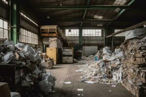 Piles of recycled materials paper, plastic, glass and metal awaiting processing into new eco-friendly products. A reminder of the importance of reducing waste and reusing resources. Generative AI photo