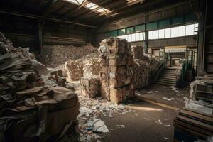 Piles of recycled materials paper, plastic, glass and metal awaiting processing into new eco-friendly products. A reminder of the importance of reducing waste and reusing resources. Generative AI photo