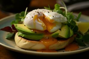 Poached eggs on an English muffin, topped with avocado mash and amber natural honey. Generative Ai photo