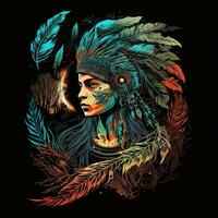 Portrait of a native warrior, braids with one feather in a native headband. Tshirt vector, vivid colors, detailed, on black background. Generative AI. photo