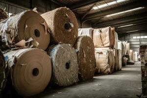 Piles of recycled materials paper, plastic, glass and metal awaiting processing into new eco-friendly products. A reminder of the importance of reducing waste and reusing resources. Generative AI photo