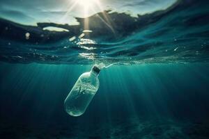 Plastic bottles and plastic bags floating in ocean. Ocean pollution ecology concept. Generative AI. photo